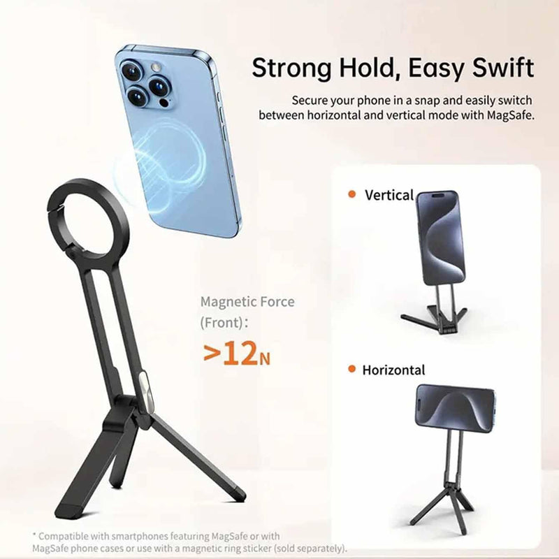 Universal Magnetic Phone Tripod, 360° Rotatable Multi-Angle Stand with Spring Buckle Clip, Compact Travel Vlog Selfie Stick for iPhone/Android/Samsung - Black