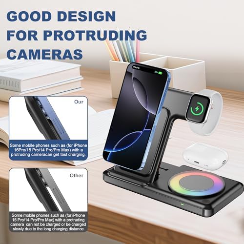 Wireless Charging Station with RGB Light for iPhone 17 16 15 14 Pro Max 13 12, Travel 3 in 1 Wireless Charger Stand for Apple Multiple Devices, iWatch 11 10 9 8 7 6 5 4 3 2, Airpods 4 3 Pro White