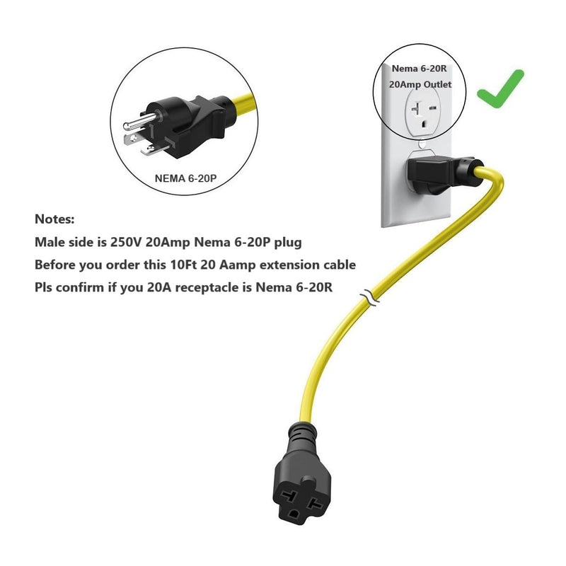 10-Ft Nema 6-20P Extension Cord 20-Amp 250Volt Nema 6-20 Heavy Duty Extension Cable 12AWG, (4 in 1) 6-15R, 6-20R, 5-20R, 5-15R T Blade Female 20AMP Plug Adapter Cord,250V 20A Plug AC Power Cable
