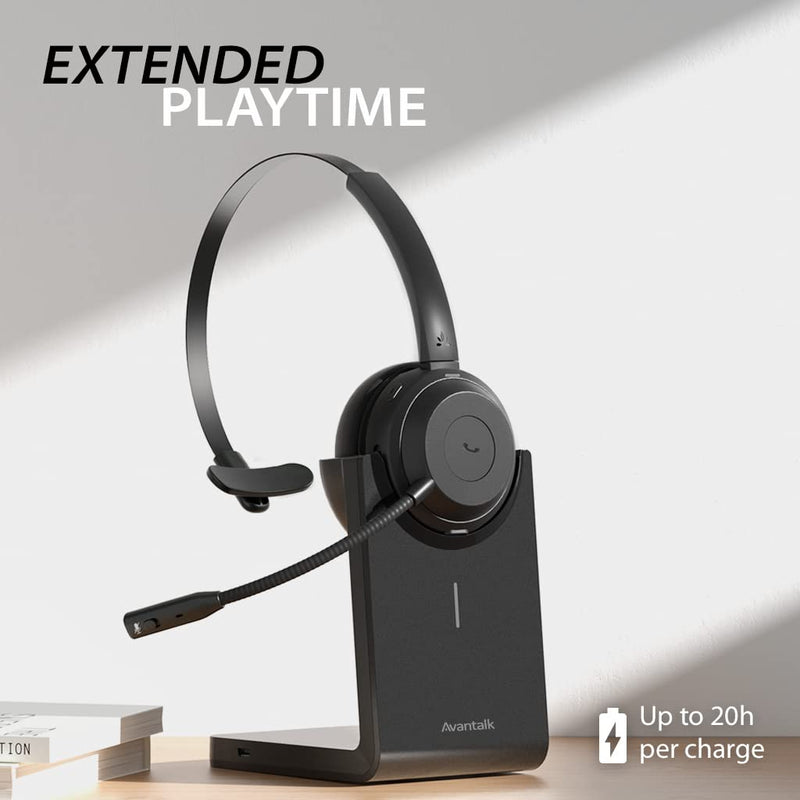 Avantree Alto Solo - Wireless Work Headset with Charging Stand | Qualcomm Bluetooth headset with CVC noise-canceling mic, mute control.