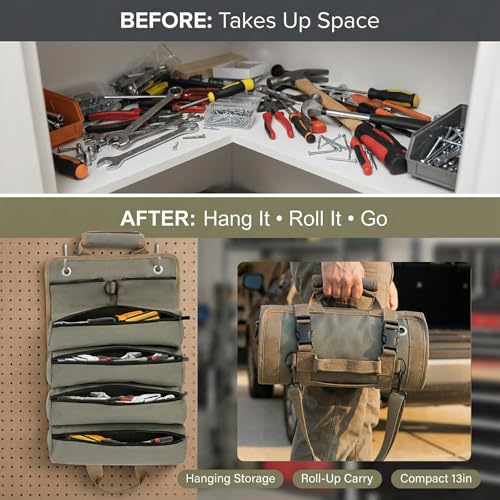 Roll Up Tool Bag, 6-Pocket Tool Organizer for Garage & Workshop