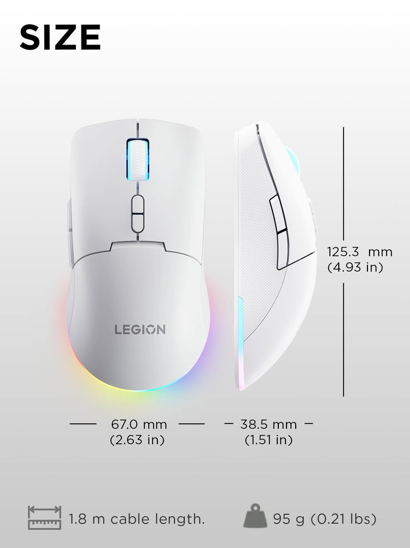 Lenovo Legion M220 Wireless RGB Gaming Mouse, Tri-Mode (Bluetooth, 2.4GHz & Wired), 5000 DPI Optical Sensor, 2-Zone RGB Lighting, 100Hr Battery, 7 Buttons, USB-C Rechargeable, Glacier White