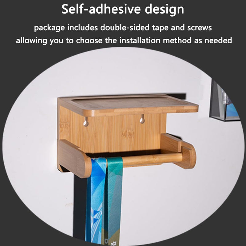Toilet Paper Holder with Phone Shelf Bamboo Toilet Paper Storage Wall-Mounted, No-Drill & Drillable Space Saver Tissue Roll Rack for Bathroom, Kitchen, Home Décor(Bamboo)
