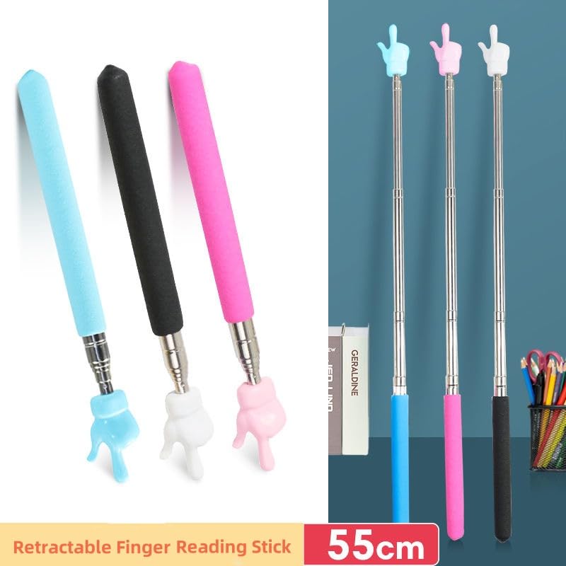 3 Pieces Kids Finger Pointer, Mini Finger Retractable Teacher Pointer, Kindergarten Student Teacher Teach Reading Picture Book Finger Shape Mini Finger Pointer Stick (Black, Blue, Pink)