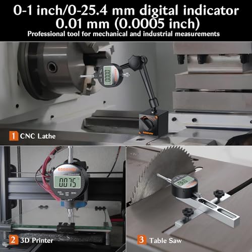 Digital Dial Indicator 0-1 Inch/25.4 mm, 0.0005 inch/0.01mm High Resolution Digital Probe Indicator with Zero Setting Electronic and mm/Inch Switchable for Machining Inspection and Measurement