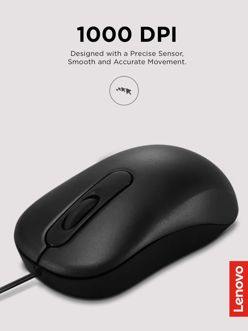 Lenovo 100 Wired USB Computer Mouse for PC, Laptop, Computer with Windows - Full-Size - Ambidextrous Design - 3 Buttons - Red Optical Sensor – Black Black 100