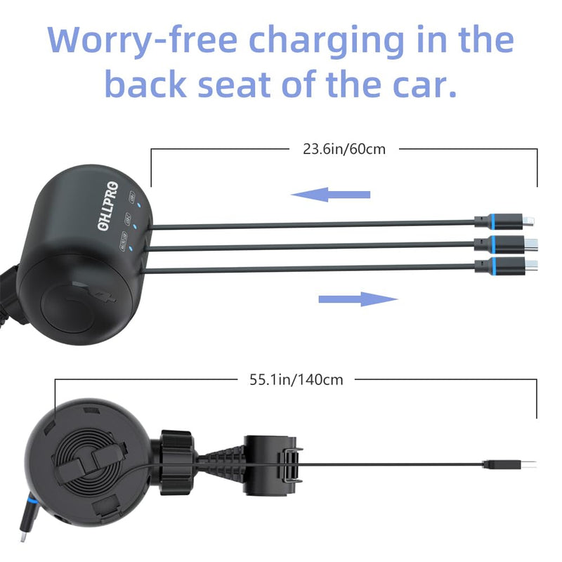 OHLPRO Multi Car Retractable Backseat 3 in 1 Car Charging Station Box Compatible with All Phones | iPhone | Samsung | Uber Taxi Lyft Turo Ride Share Customer Charging Dock Attach to Headrest 2 Pack | 3-IN-1 Charging Station