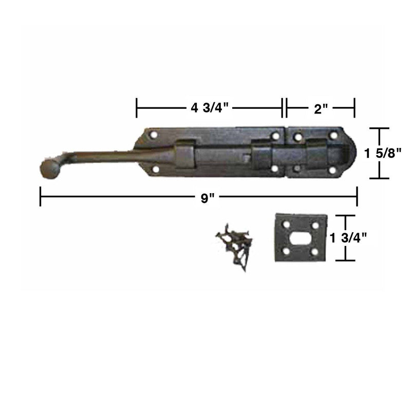 Renovators Supply Manufacturing Slide Bolt Latch 9 in. Black Iron Ball Tip Style Slide Bolt with Mounting Hardware Pack of 2