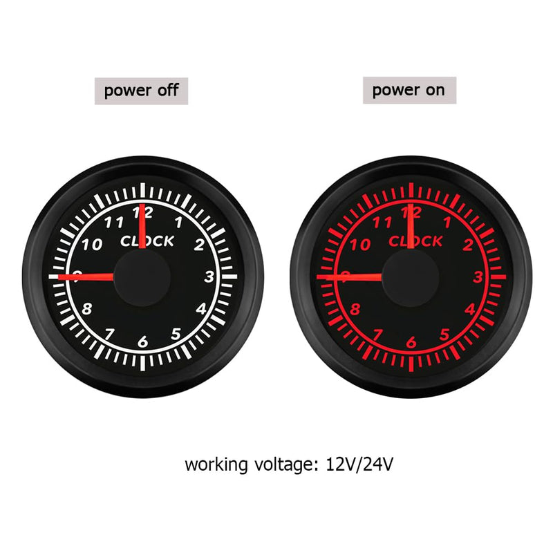 2" /52mm Clock Gauge 12-Hour Meter with Backlight 12V 24V for Car Boat Sedan Motorbike Waterproof Type (Black&Black) Black&Black