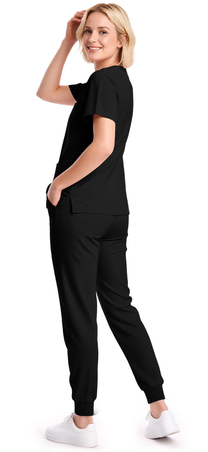 Scrubs for Women Set, V-Neck Short Sleeve Top & Jogger Pants | Soft Stretch Scrub Set, All-Day Comfort, 9 Functional Pockets and Breathable Fabric for Long Nursing Shifts Standard Medium Black