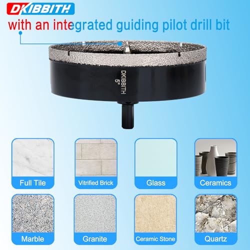 5" Diamond Hole-Saw Bits with Pilot Drill Bit 5 in Diamond Tipped Tile Hole Saws with Guiding Bit for Accurate Drilling, for Porcelain Tile Ceramic Pottery Granite Stone Glass Bottles 125mm (125mm)5"