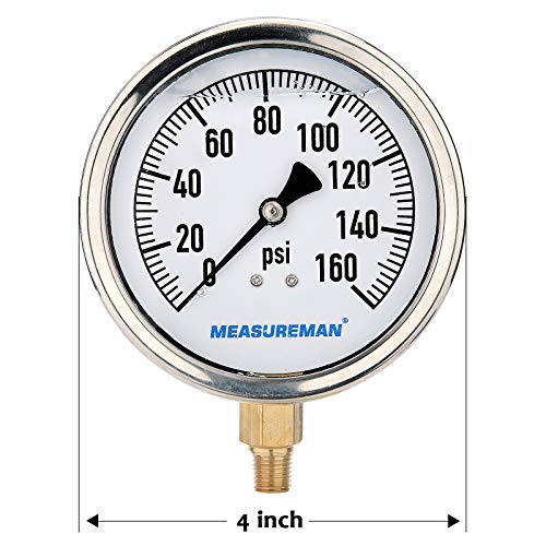 MEASUREMAN 4" Dial Size, Glycerin Filled Plumbing Pressure Gauge, 0-160psi, Stainless Steel Case, 1/4" NPT Lower Mount