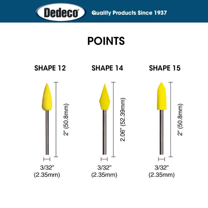 Dedeco Sunburst - 3/32” (2.35 mm) Shank Points - Precision Thermoplastic Rotary Cleaning, Deburring, and Polishing Tool Set, 18 3/32" Shanks - 3x 6 Grits, Shapes 12, 14, and 15