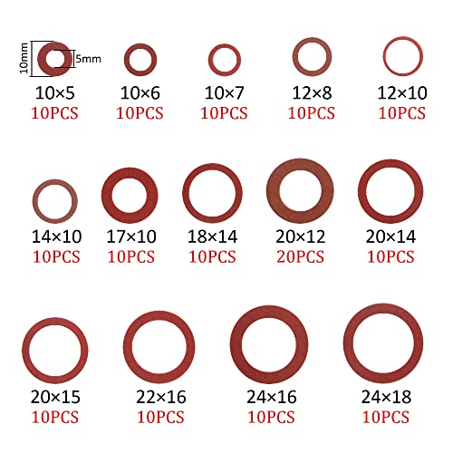 150Pcs 14 Sizes Fiber Flat Washer Red Steel Paper Insulation Flat Washer Insulation Sealing Spacers Assortment Kit for Plumbing Automotive General Repair