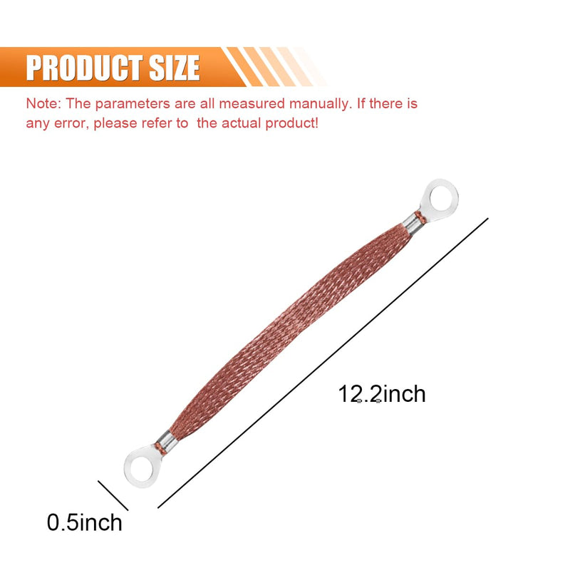 Universal Automotive Ground Straps, 12" x 0.5" Grounding Strap with Ring Terminals, Flat Braided Copper Car Engine Ground Strap, Vehicle Ground Wire Kit for Most Cars (4PCS) 4PCS