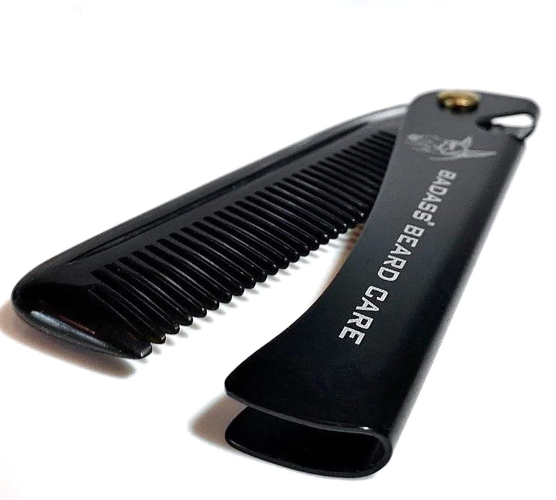 Badass Beard Care 2-IN-1 Folding Ox Horn Comb with Stainless Steel Body and Genuine Leather Protective Case
