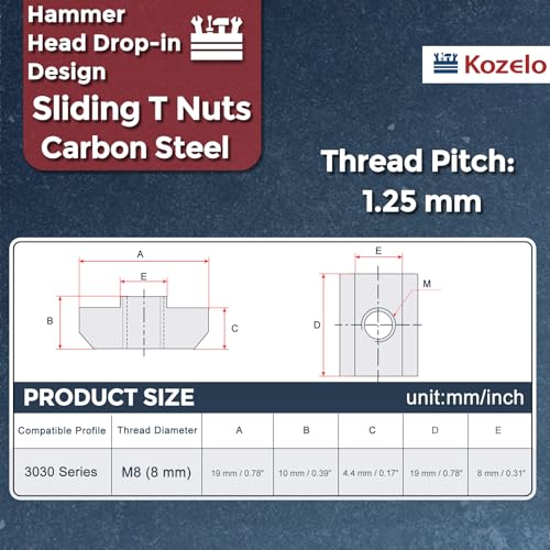 60Pcs Sliding t Nuts M8-1.25 3030 Series Hammer Nuts Silver 3030 Series M8-1.25mm 60