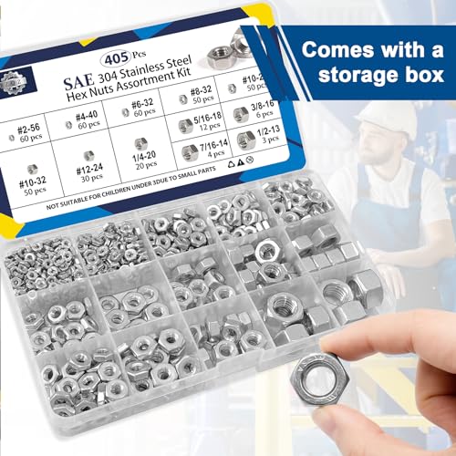 ZQZ 405 Pcs SAE Hex Nuts Assortment Kit Stainless Steel (#2-1/2) Nut Set SAE Hex Nuts Assortment;405 PCS