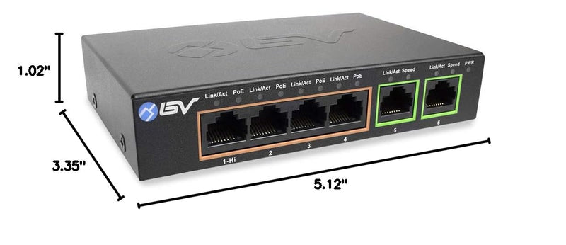 BV-Tech 6 Port PoE+ Switch 4 PoE+ Gigabit Ports with 2 Gigabit Uplink – 60W – 802.3at + 1 High PowerPort | Desktop Fanless Design | Sturdy Metal Housing Gigabit-2 Uplinks