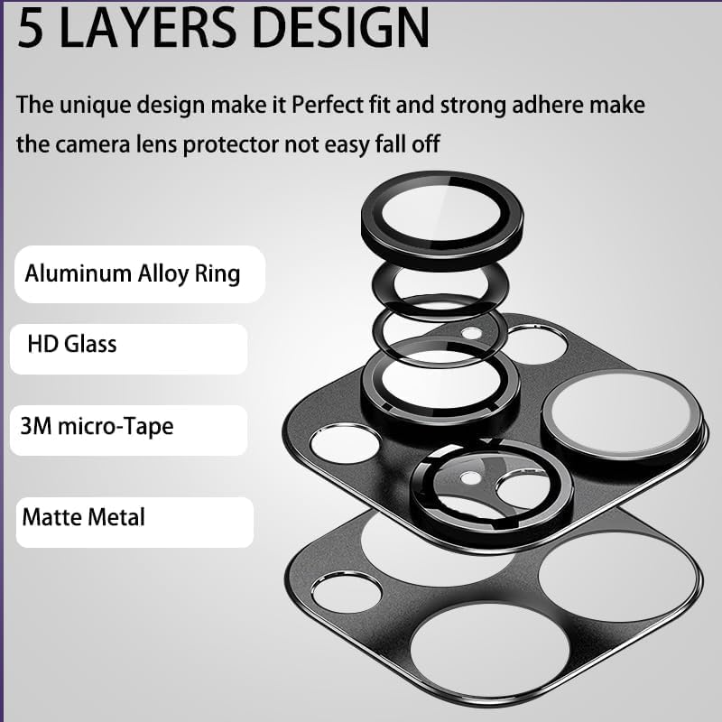 Camera Lens Protector for iPhone 15 Pro Max/15 Pro/14 Pro Max/14 Pro，[Strong Drop Protection] [Not Easy to Fall-off] Metal Ring Tempered Glass Rear Camera Screen Cover - Black A1:Black