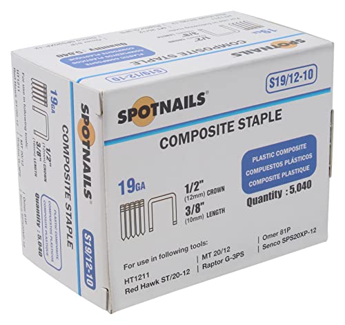 Spotnails S19/12-10 19GA 1/2" Crown x 3/8" Leg Composite Staples 5040 Count