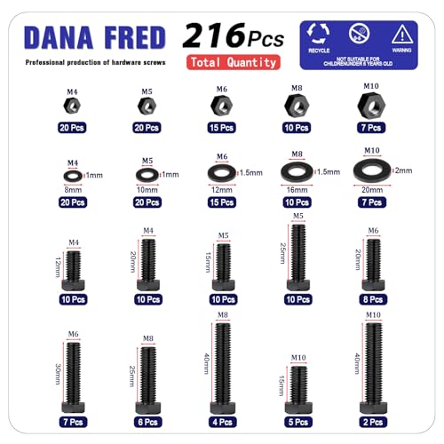 216pcs Black Nylon Hex Screw Nut Washer Kit,M4 - M10 Black Plastic Hexagonal Nuts and Washers for Micro Controller Board Building,Insulate or Fasten PCB Board Metric Thread Machine Bolts