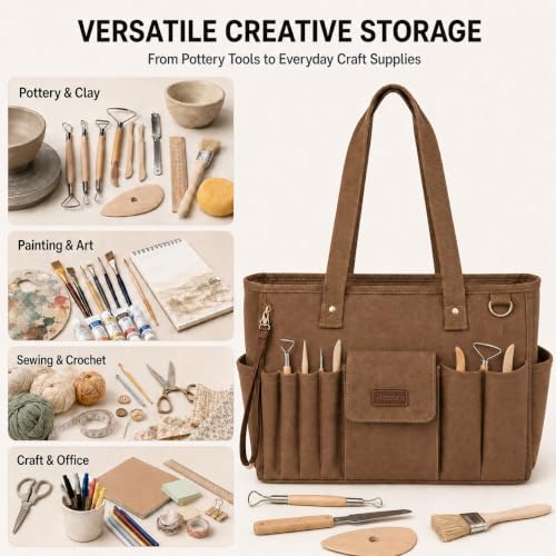 Pottery Tool Bag with Multiple Pockets, Art Supply Tote for Clay Tools brown