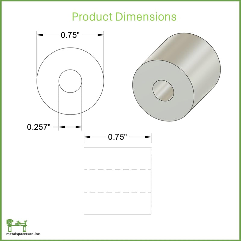 Aluminum Spacer 3/4" OD x 1/4" ID x 3/4" Long-Round Spacer Unthreaded Standoff Bushing Plain Finish, Fits Screws Bolts M6 and 1/4" by Metal Spacers Online (25 Pack) 3/4" Length 25