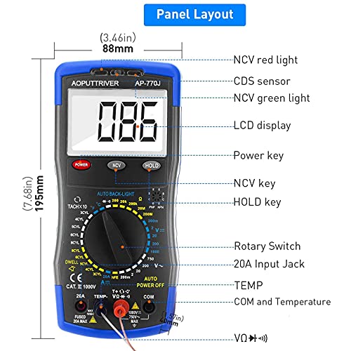 Digital Multimeter Automotive Engine Analyzer 3-1/2 Manual Ranging 20A DMM AP-770J