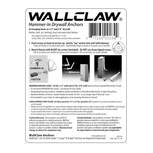 WallClaw LOC-N-Load Hammer-in Drywall Anchors with Screws, 25 Pack Green
