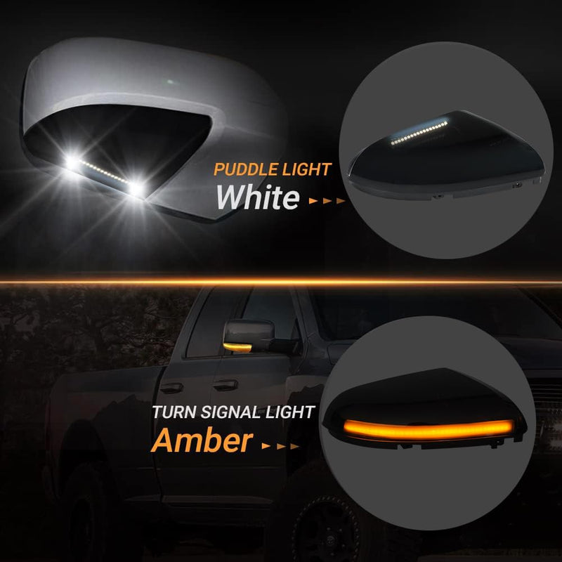 D-Lumina Sequential LED Side Mirror Turn Signal Lights Smoked Lens Puddle Light Assembly for Dodge Ram 1500 2009-2018, Ram 2500 3500 2010-2018, Dynamic Indicator Strip Mirror Marker Lamp, Pack of 2 Smoked Cover Sequential Amber ＆ White
