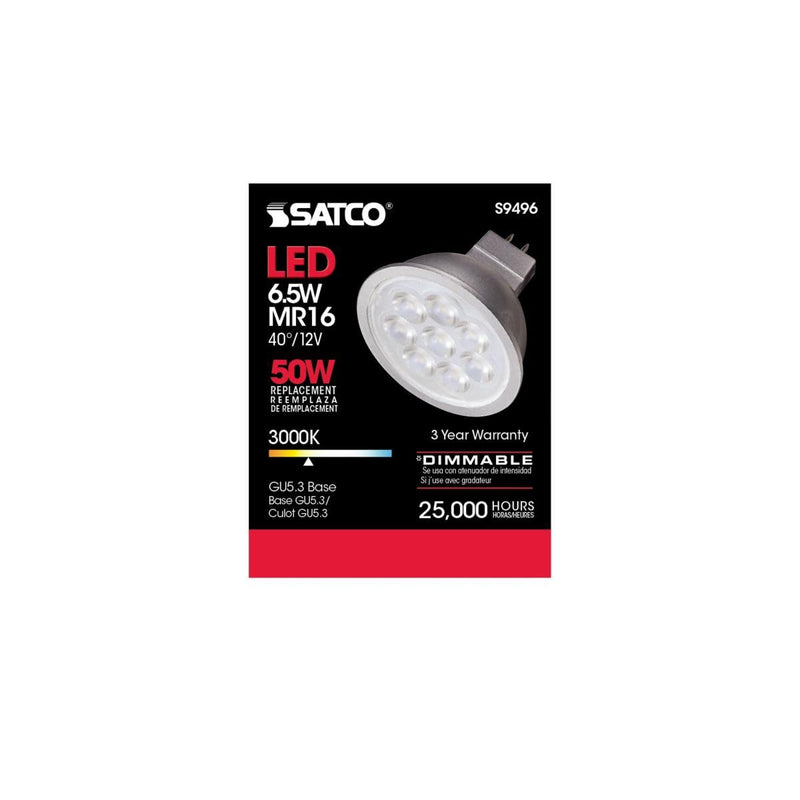 Satco Lighting 6.5 Watt Dimmable MR16 Low Voltage LED Light Bulbs - 3000K Soft White - 40 Degree Beam Angle - GU5.3 Base - 12 Volt AC/DC - 6 Pack
