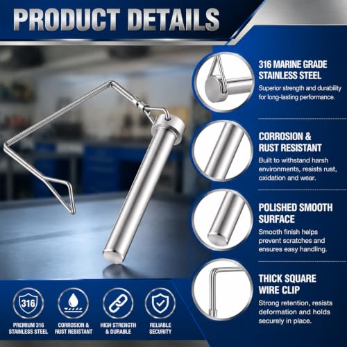 Hicarer 5/16" X 2-3/4"（8mm X 70mm） 6 Pack Safety Coupler Pins, Trailers Hitch Pin, 316 Stainless Steel Trailer Coupler Pin Heavy Duty Trailer Latch Pins with Wire Retainer for Boat Farm Equipment 5/16" X 2-3/4"（8mm X 70mm）