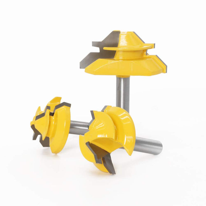 45 Degree Lock Miter Router Bits 1/4" Shank 3Pcs, C3 Carbide Set | 3 piece lock miter set, 1/4 inch shank, C3 tungsten carbide, 3/4 to 1-1/8 inch stock, cabinet joints, seamless corners 1/4inch Shank 3-Bit Set
