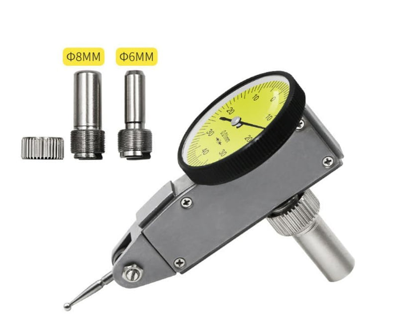 Dial Test Indicator Gauge 0-0.8mm, 0.01mm Accuracy, Lever Dial Test Indicator Gauge 0-40-0 Scale Yellow Dial Face with Installation Accessories 6mm/ 8mm Sleeves