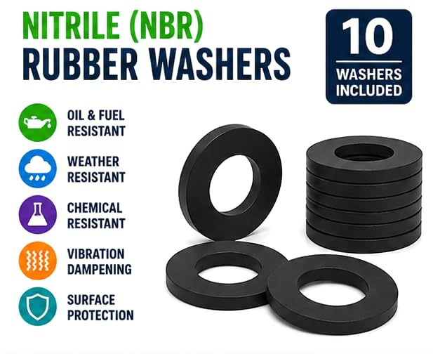 5/8" ID x 1-1/4" OD x 1/8" Thick Nitrile Rubber Washers, Vibration Isolation Spacers for Equipment Mounting, Machinery, Electrical Enclosures, Compressors & Pumps, 10 Pack