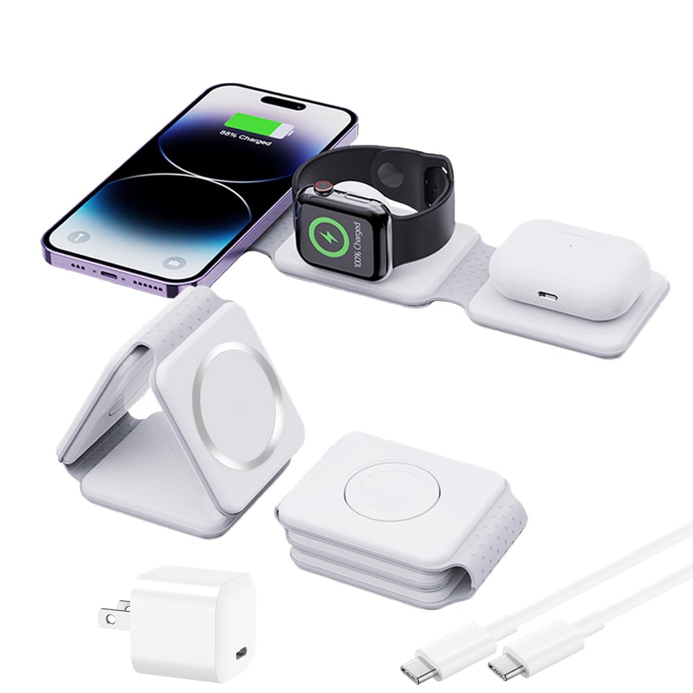 3-in-1 Wireless Charger for iPhone iWatch AirPods, Foldable Magnetic 18W Fast Charging Station for Multiple Apple Devices, Charging Stand for Travel and Desktop Use