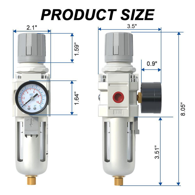 AIRZOE 3/8" NPT Air Filter Regulator Combo Piggyback,5 Micron Brass Element, Semi-Auto Drain,Air Pressure Regulator AW3000-03,0-145 psi Gauge 3/8"NPT