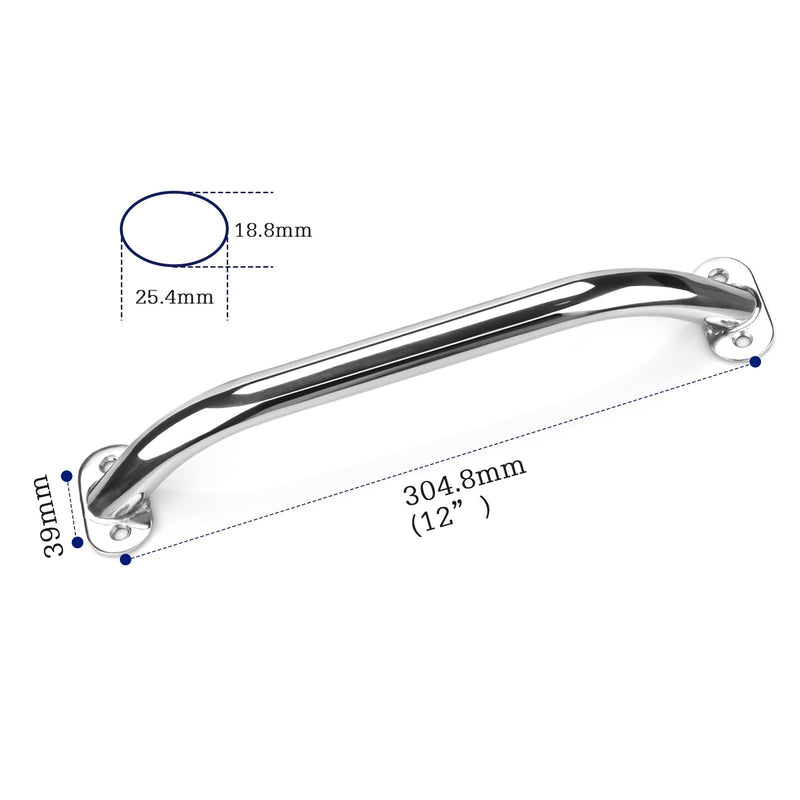12" Oval Handrail Polished Grab Handle Stainless Steel Handrail for Marine Yacht/RV (2PCS)