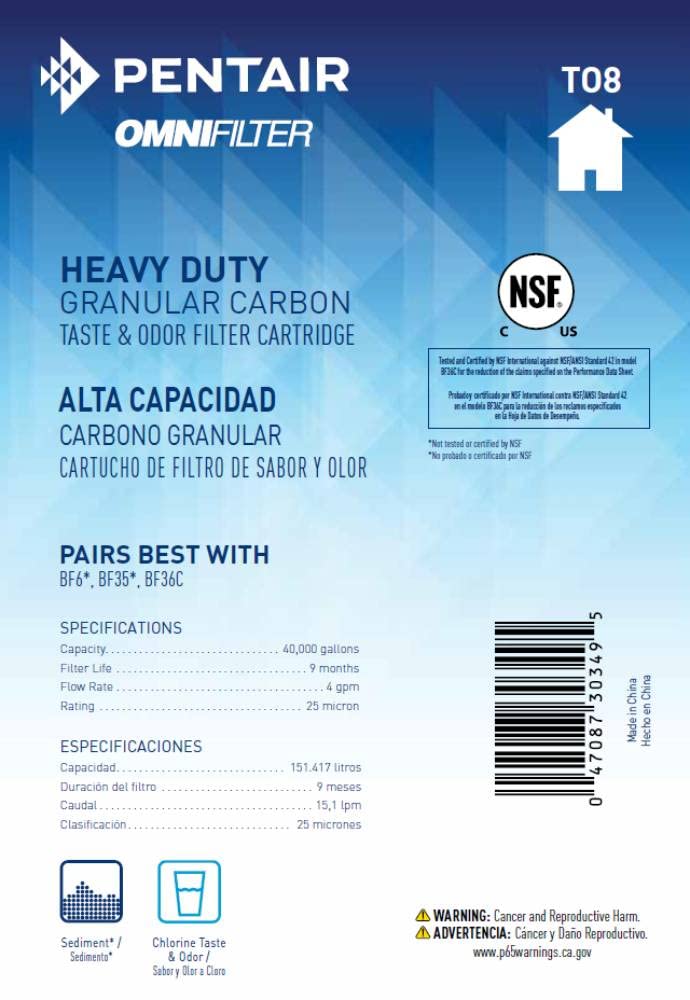 Pentair OMNIFilter TO8 Carbon Water Filter, 10" Heavy Duty Big Blue Whole House Granular Carbon Taste & Odor Replacement Filter Cartridge, 10" x 4.5", 25 Micron 1 Count (Pack of 1) 10 Inch x 4.5 Inch