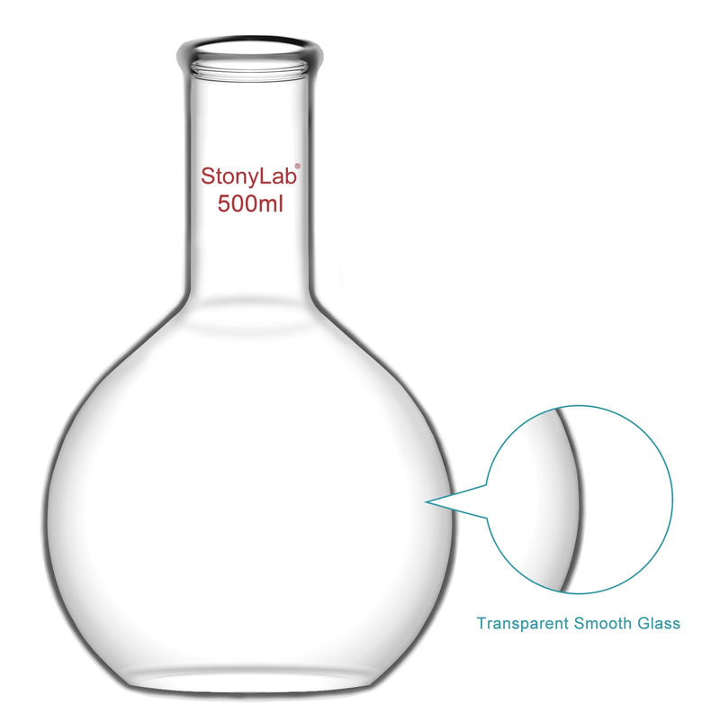 StonyLab Glass 500ml Long Neck Flat Bottom Flask, Borosilicate Glass Heavy Wall Flat Bottom Boiling Flask with Long Neck, 500ml 500 ml