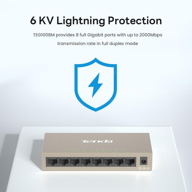 Tenda TEG1008M, 8 Port Gigabit Switch, Unmanaged Ethernet Switch with Traffic Optimization, Plug & Play, Fanless & Metal Design Network Switch Hub, Desktop/ Wall-Mount, Limited Lifetime Protection