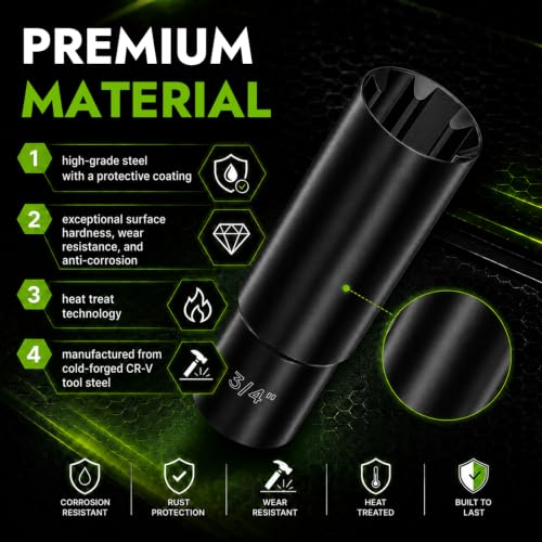 AUTOPTIM 7 Spline Lug Nuts Socket Key - 1/2" Drive Impact for 19mm Hex Nuts Impact Socket Black