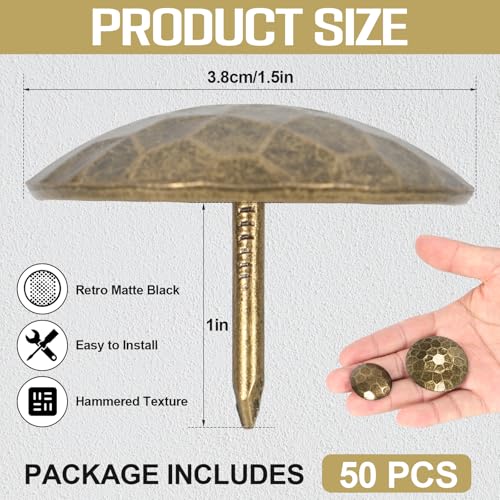 50PCS Large Round Head Iron Clavos Hammered Decorative Nails Iron Antique Rustic Clavos Fasteners Ornamental Accent for Wood Doors Farmhouse Shutters Faux Beams Barn Gates (Antique Bronze, 1.5 Inch) Antique Bronze