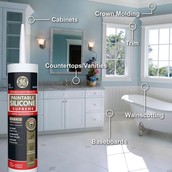 GE Supreme Paintable Silicone Caulk for Kitchen & Bathroom, White, 9.5 fl oz Cartridge, 1 Pack - 100% Waterproof Silicone Sealant, 7X Stronger Adhesion, Shrink & Crack Proof Pack of 1