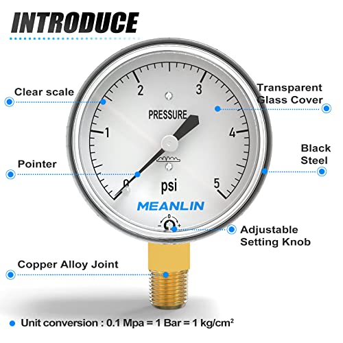MEANLIN MEASURE 0-5psi Diaphragm Type Capsule Low Pressure Gauge 1/4" NPT 2-1/4" FACE DIAL Adjustable Water Column Gauge, with 1/4" x 1/2" NPT and 1/4" x 3/8" NPT Hex Bushing, Lower Mount 0~5Psi