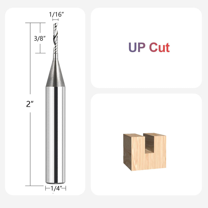 SpeTool O Flute Spiral Rouer Bits 1/4 Inch Shank 1/16 Inch Cutting Diameter, Solid Carbide Upcut CNC Router Bit Single Flute End Mill for Aluminum Acrylic Metal Milling Cutter (Pack of 2) 1/16" Dia -3/8" CL - 1/4" Shank (Pack of 2)