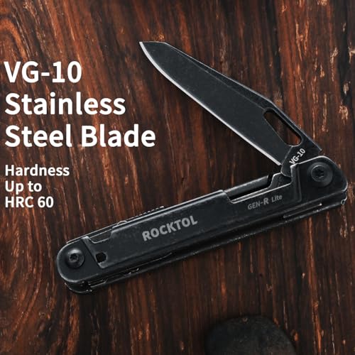 ROCKTOL Multitool Gen-R Lite, Retro Black EDC Pocket Knife VG10 Blade, Compact 15-in-1 Multi-tool with Screwdriver, Large Scissors, Glass Breaker, Leather Sheath, Lightweight for Hiking, Camping