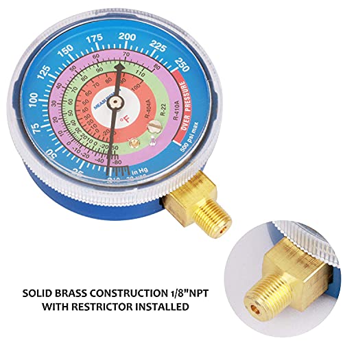 Measureman Refrigeration Pressure Gauge, 2-3/4" Dial, Blue Dial & Red Dial, 1/8" NPT Lower Mount, 30inHg-0-250psi & 0-800psi kit 2-3/4" Dial (Red & Blue Kit)