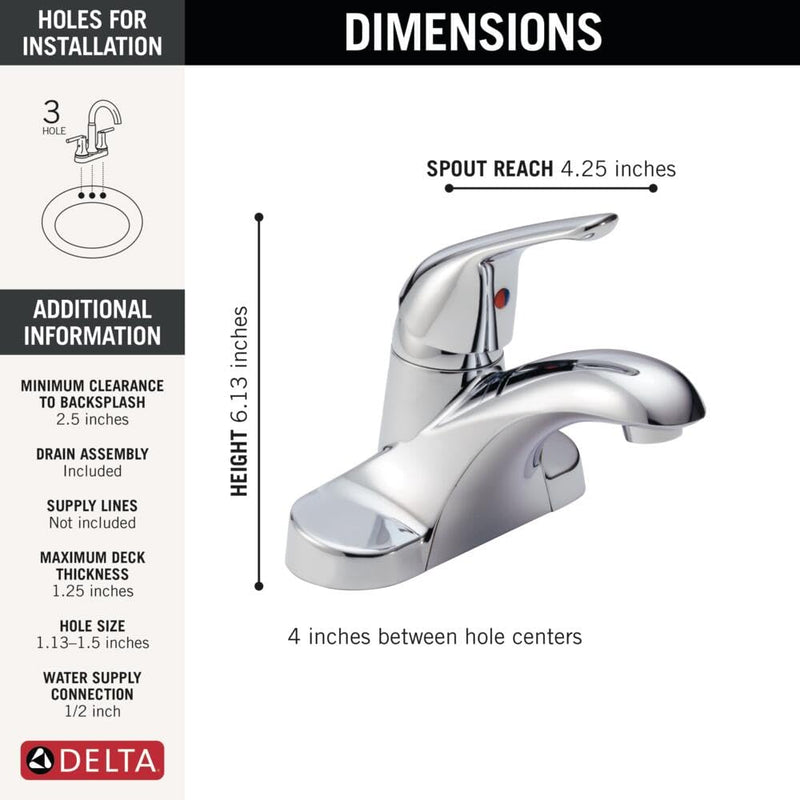 Delta Foundations Centerset Chrome Bathroom Faucet, 4 Inch 3 Hole Bathroom Sink Faucet for Vanity, Metal Push-Pop Drain Assembly, Chrome B501LF 4.25 x 6.13 x 4.25 inches